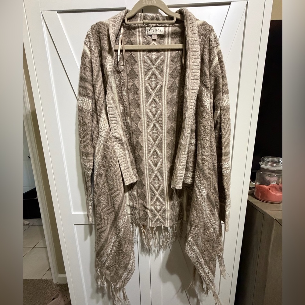 Knox Rose Taupe & Cream Fringe Open-Front Knit Cardigan